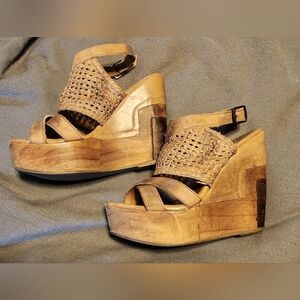 Bed Stu Tan Woven Leather Platform Wedge Sandals